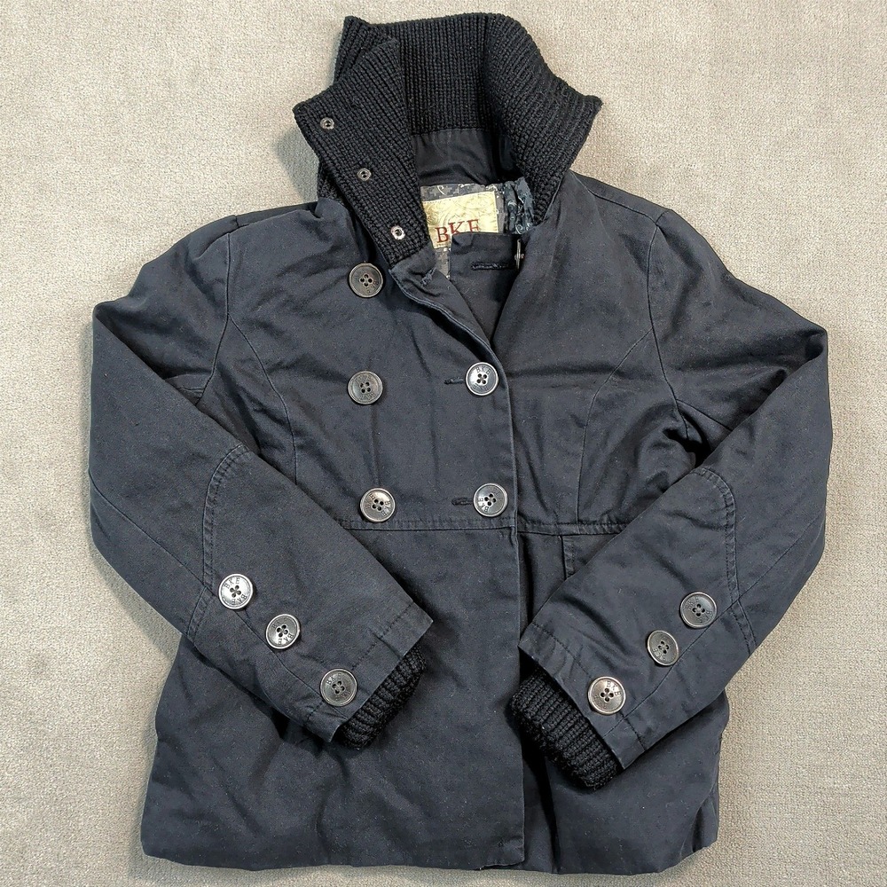 BKE Peacoat Jacket Womens Medium Black Cotton Funnel Neck Knit Military Coat M